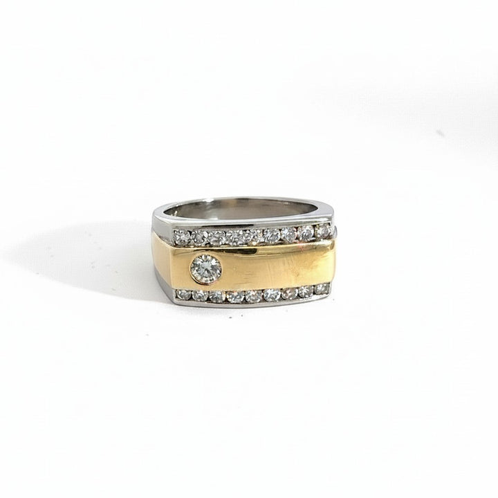 Caribbean Gems men's two-tone 14k gold ring featuring a central diamond and channel-set accent stones.