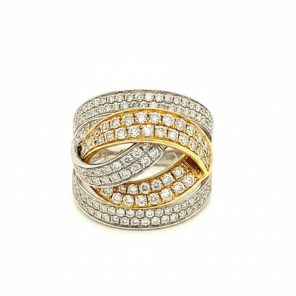 Caribbean Gems layered diamond ring in 18kt two-tone gold with 1.58ct round diamonds in an intricate crossover design.