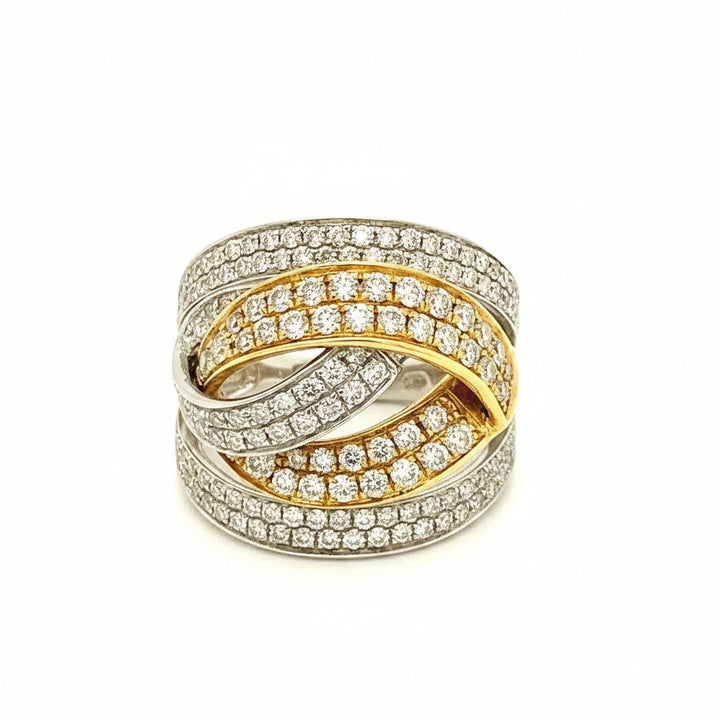 Caribbean Gems layered diamond ring in 18kt two-tone gold with 1.58ct round diamonds in an intricate crossover design.