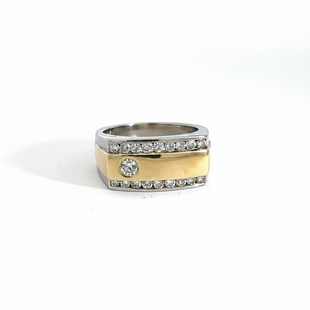 Caribbean Gems men's two-tone 14k gold ring featuring a central diamond and channel-set diamond accents.