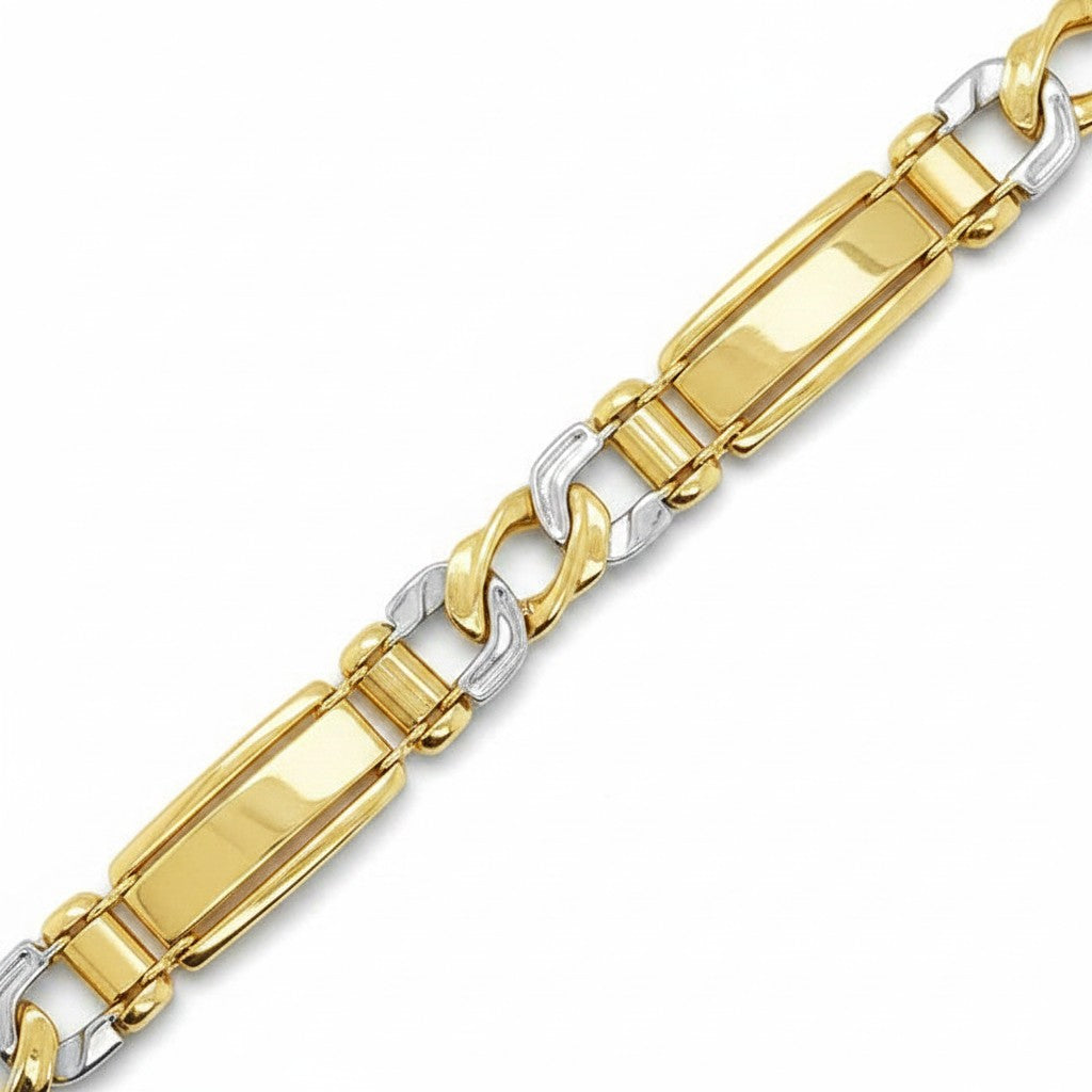 Caribbean Gems men's 14kt two-tone gold bracelet featuring polished rectangular links and interlocking silver accents.