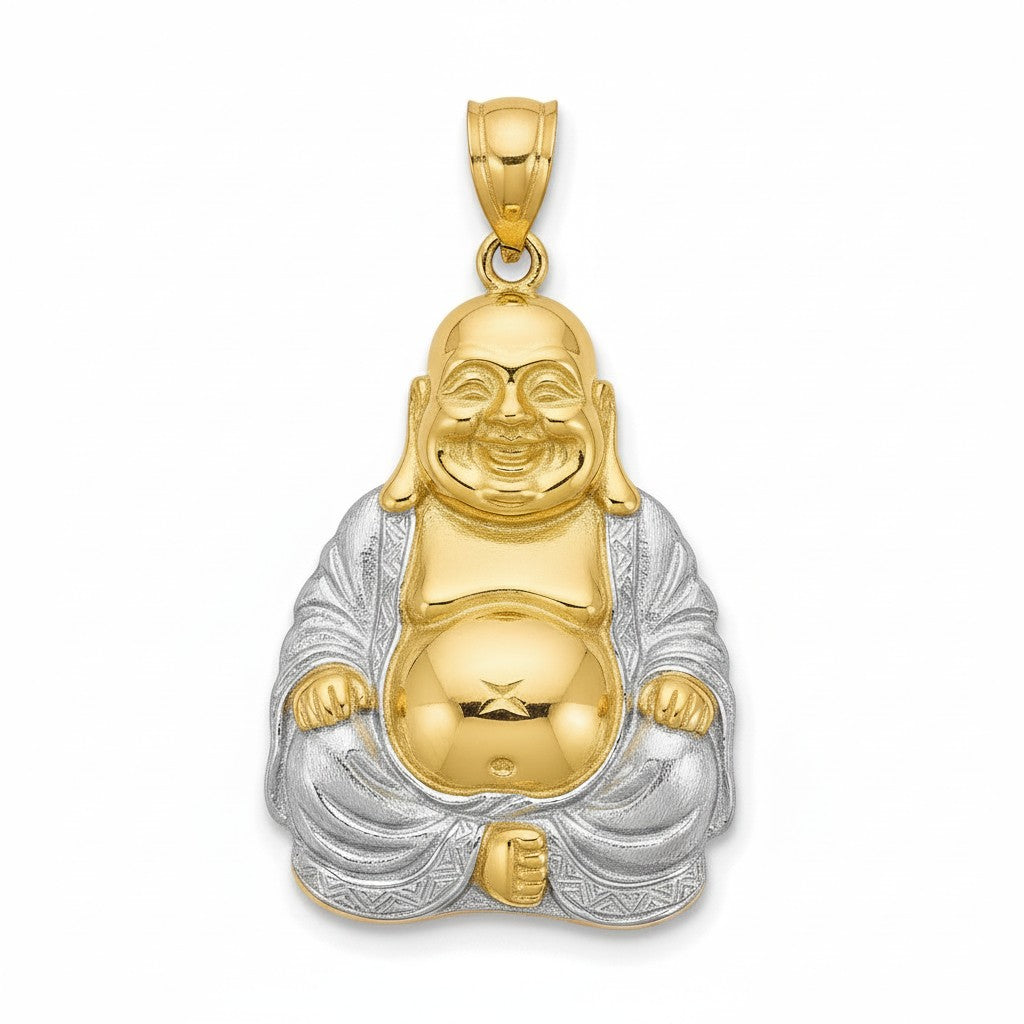 Caribbean Gems 14kt two-tone gold Buddha pendant with polished yellow gold and textured white gold details.