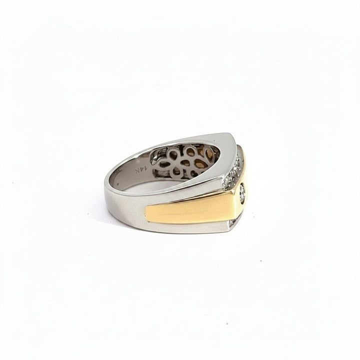 Caribbean Gems men's two-tone 14k gold ring featuring a central diamond and contrasting white and yellow gold bands.