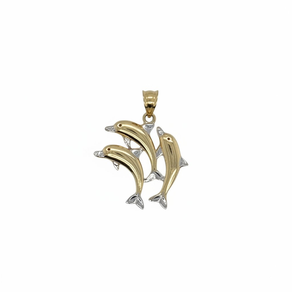 Caribbean Gems 14kt two-tone gold dolphin pendant featuring polished yellow and white gold jumping dolphins.