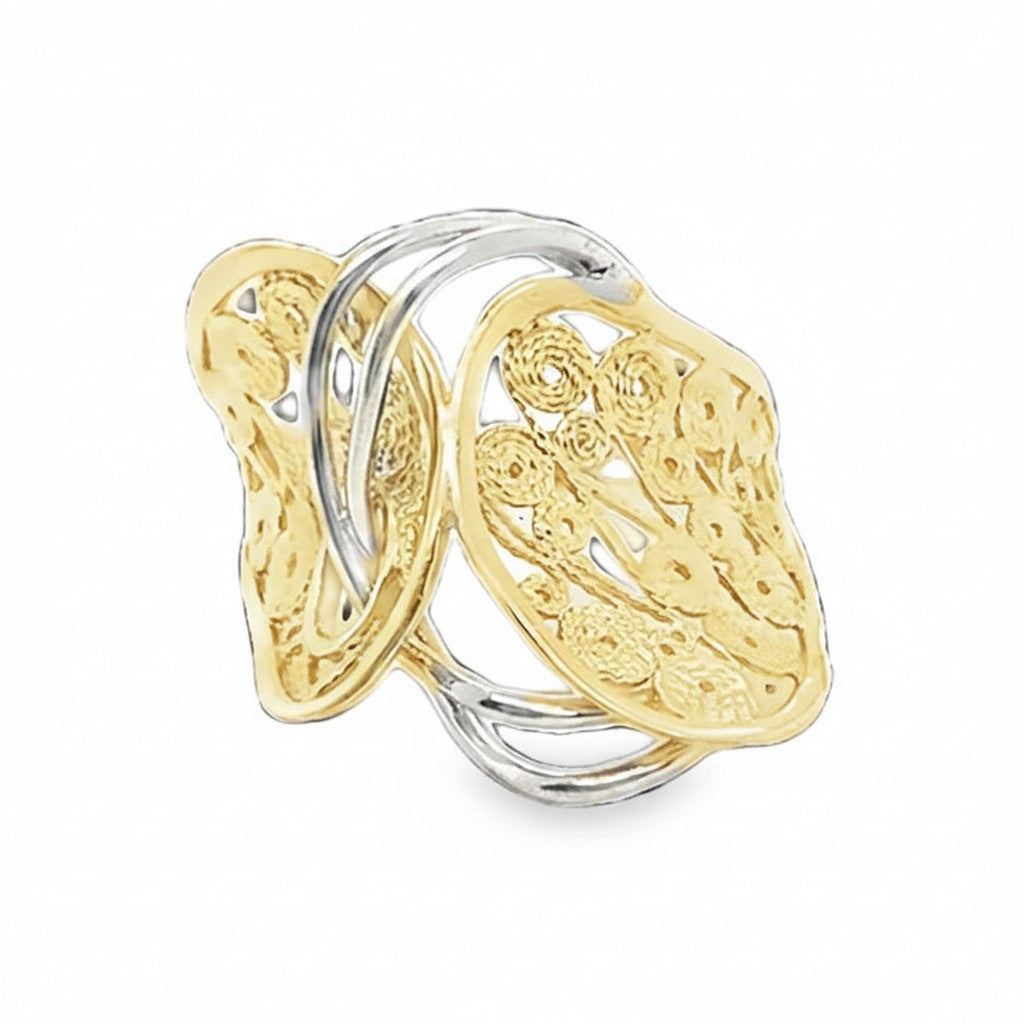Caribbean Gems 14kt two-tone gold ring featuring intricate filigree and textured floral-inspired patterns.