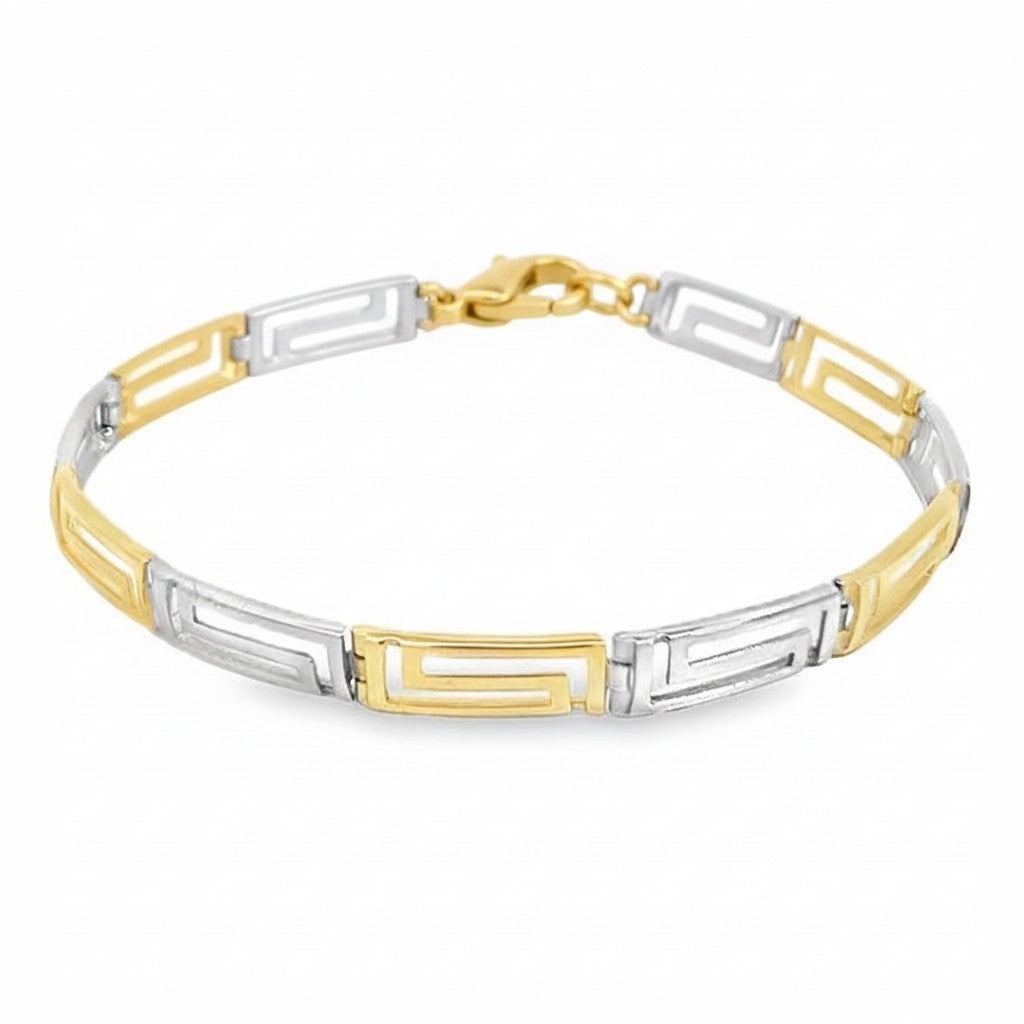 Caribbean Gems 14kt two-tone gold Greek Key bracelet featuring alternating yellow and white gold geometric links.