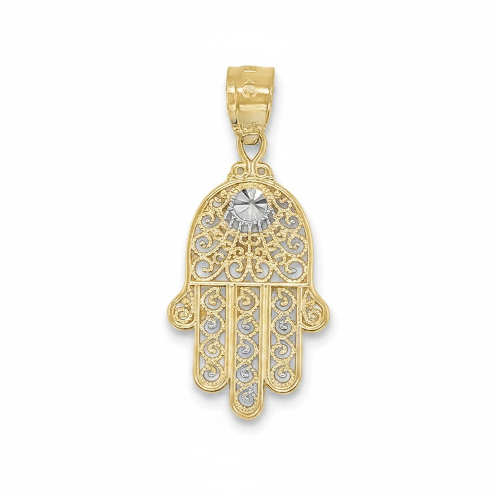 Caribbean Gems 14kt two-tone gold Hamsa pendant with intricate filigree detailing and a polished finish.