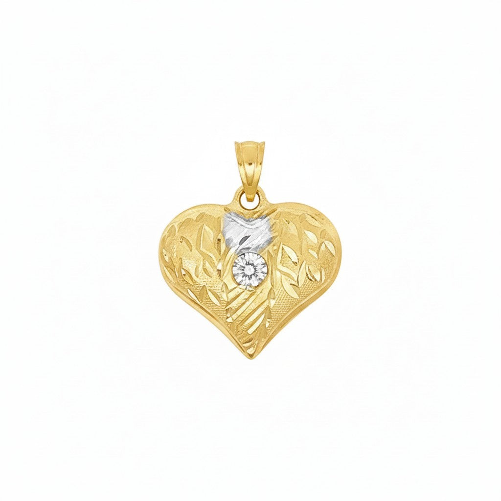Caribbean Gems 14kt yellow and white gold heart pendant featuring diamond cut textures and a central sparkling stone.