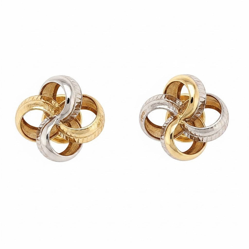 Caribbean Gems 14kt two-tone gold stud earrings featuring an intricate interlocking knot design