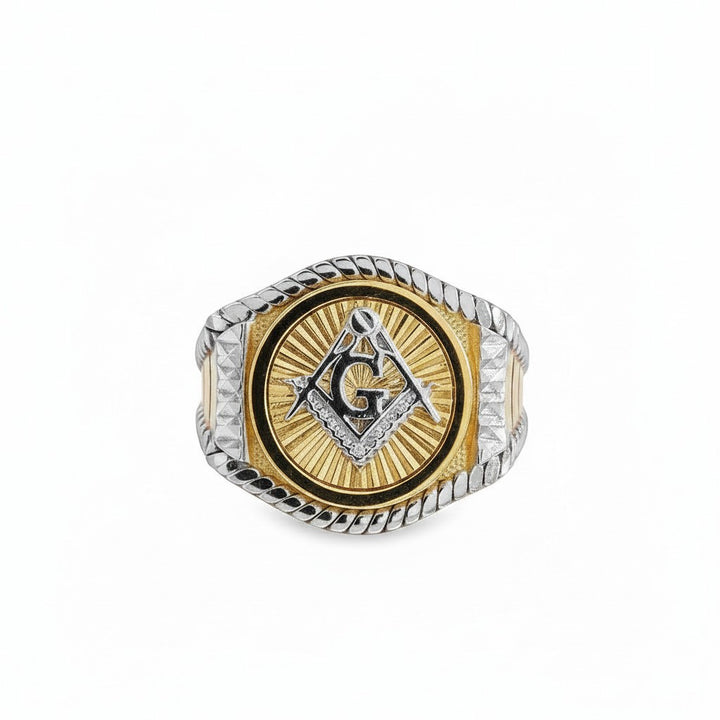 Caribbean Gems men's Masonic ring in 14kt two-tone gold featuring a square and compass emblem with a central G.