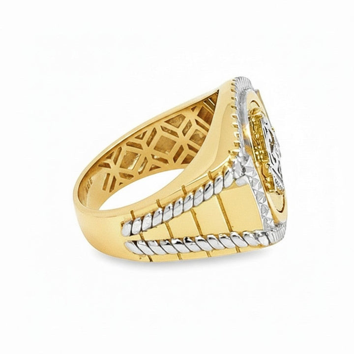Caribbean Gems men's Masonic ring in 14kt two-tone gold with intricate rope detailing and side lattice pattern