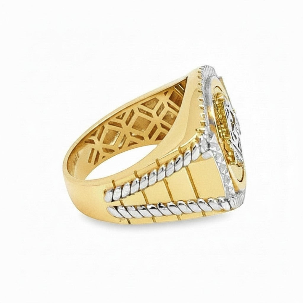 Caribbean Gems men's Masonic ring in 14kt two-tone gold with intricate rope detailing and a polished finish.