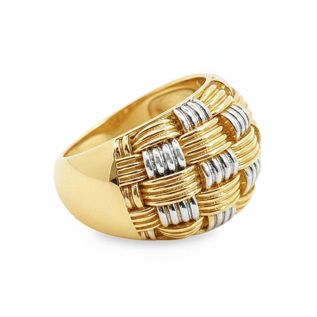 Caribbean Gems 14kt two-tone gold dome ring featuring an intricate woven basket-weave design.