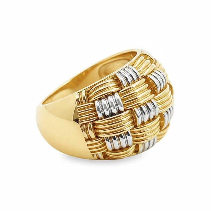 Caribbean Gems 14kt two-tone gold dome ring featuring an intricate woven basket-weave design.