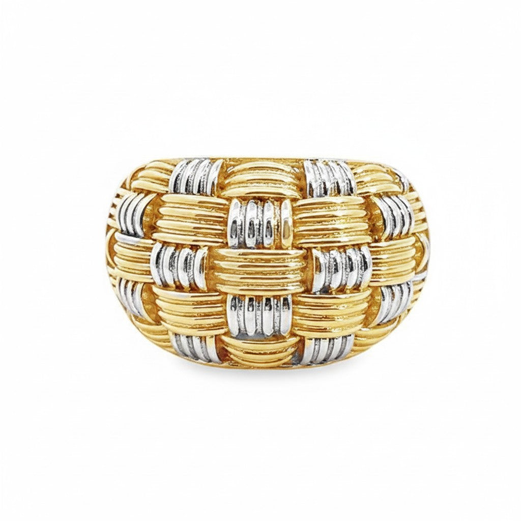 Caribbean Gems 14kt two-tone gold dome ring featuring an intricate woven basket-weave design.