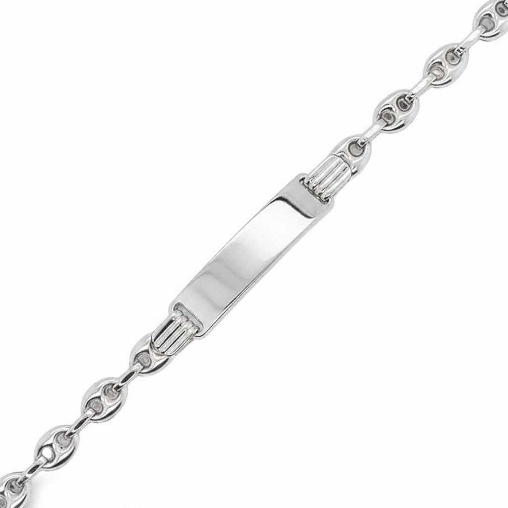 Caribbean Gems 14kt white gold Puff Gucci baby ID bracelet with a sleek polished identification plate and link chain.