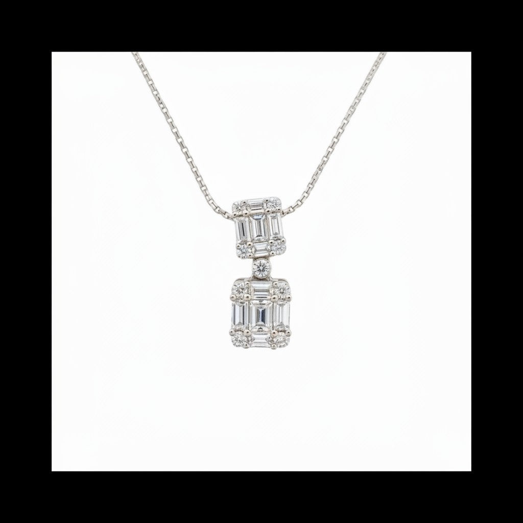 Caribbean Gems 14k white gold pendant featuring two rectangular tiers of baguette diamonds on a delicate chain.