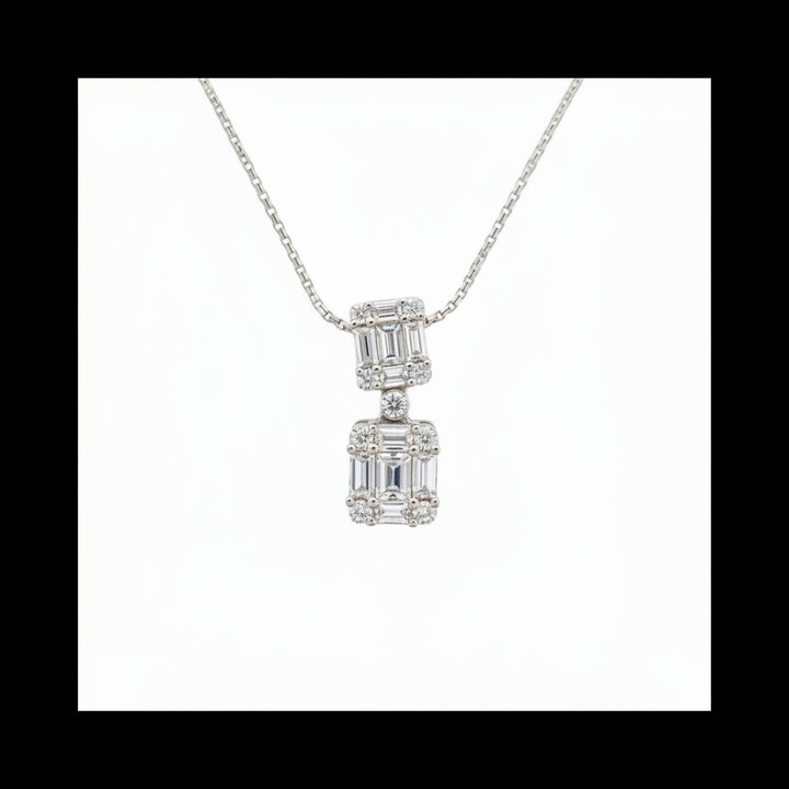 Caribbean Gems 14k white gold pendant featuring two rectangular tiers of baguette diamonds on a delicate chain.