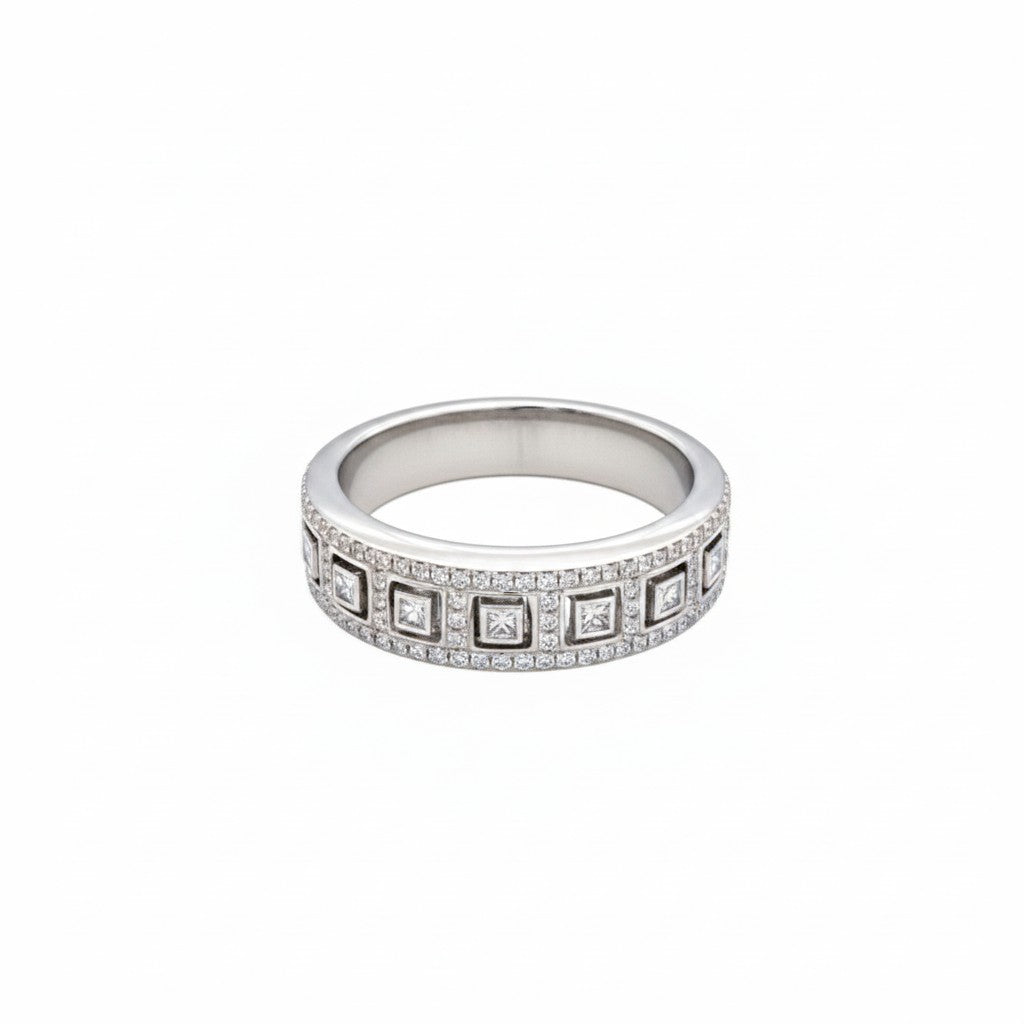 Caribbean Gems 14kt white gold band featuring princess cut diamonds and sparkling accent stones in a geometric design.
