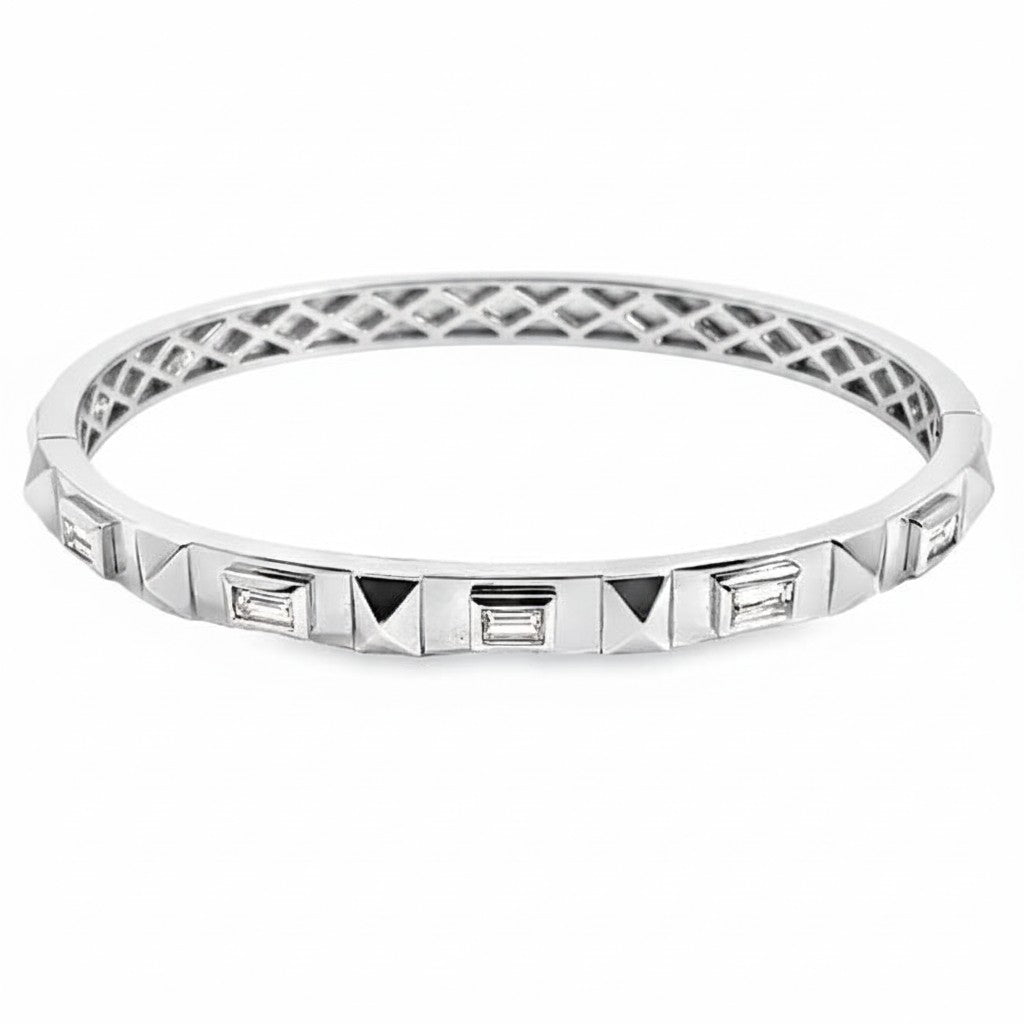 Caribbean Gems 18kt white gold bangle featuring 0.80cts of emerald cut diamonds in a geometric studded design