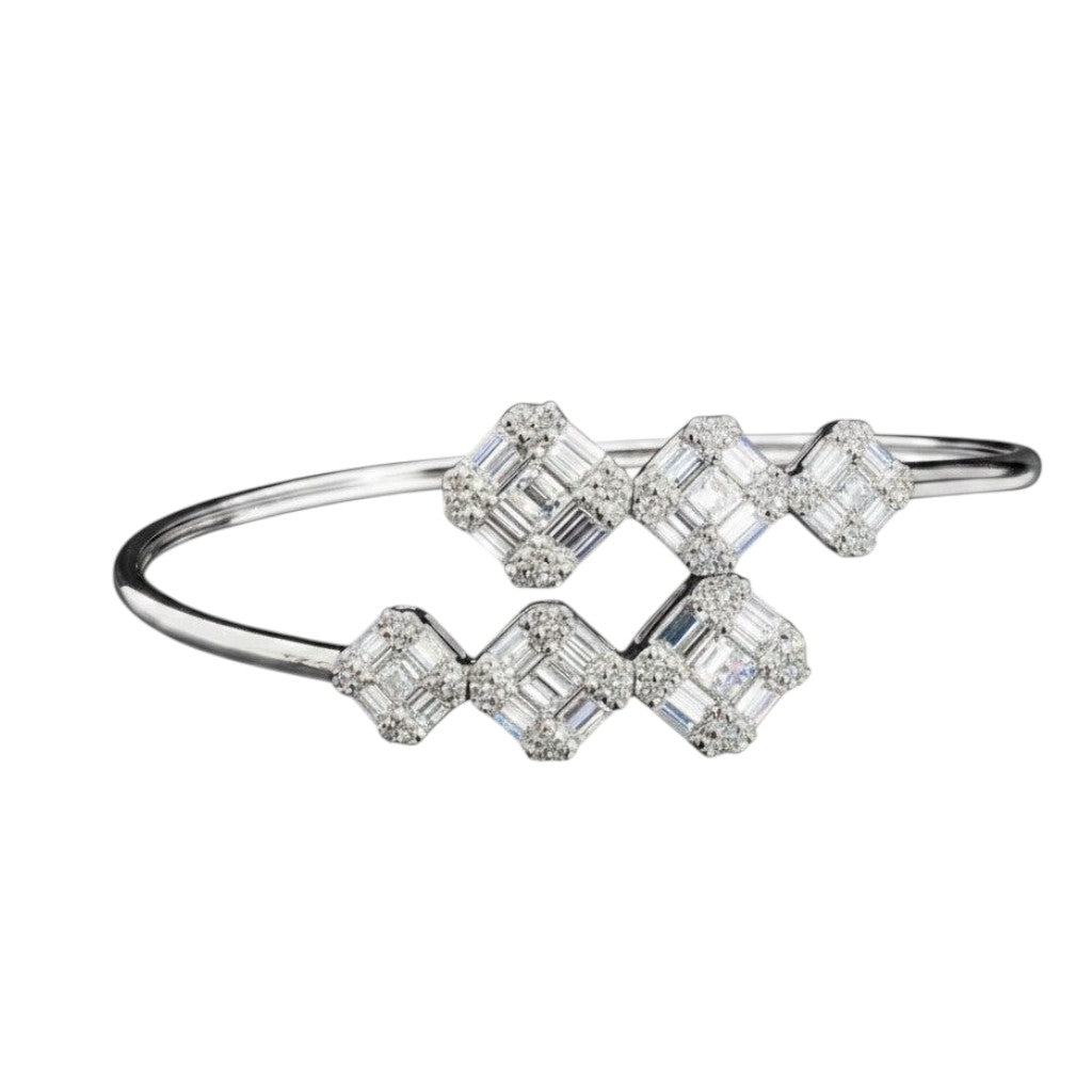 Caribbean Gems 14kt white gold bangle with baguette and round diamonds in a geometric cluster design