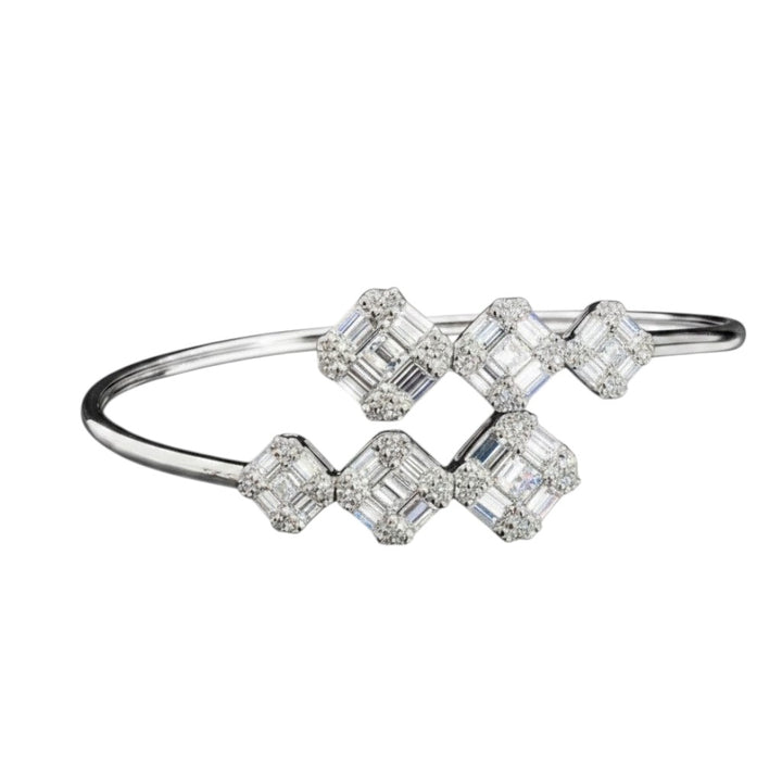Caribbean Gems 14kt white gold bangle with baguette and round diamonds in a geometric cluster design