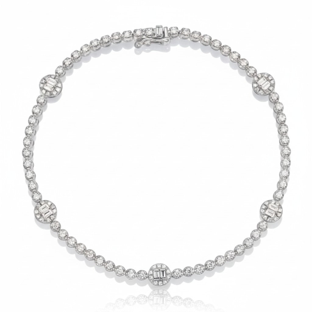 Caribbean Gems 14kt white gold diamond bracelet featuring brilliant round and baguette-cut diamonds in a circular link.