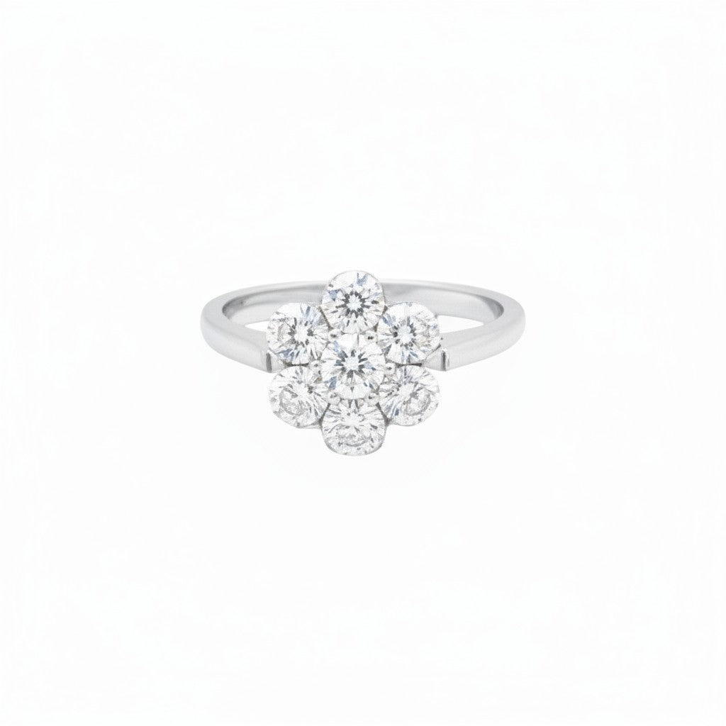 Caribbean Gems 14kt white gold ring featuring a 1.33 carat round diamond cluster in a floral-inspired setting.