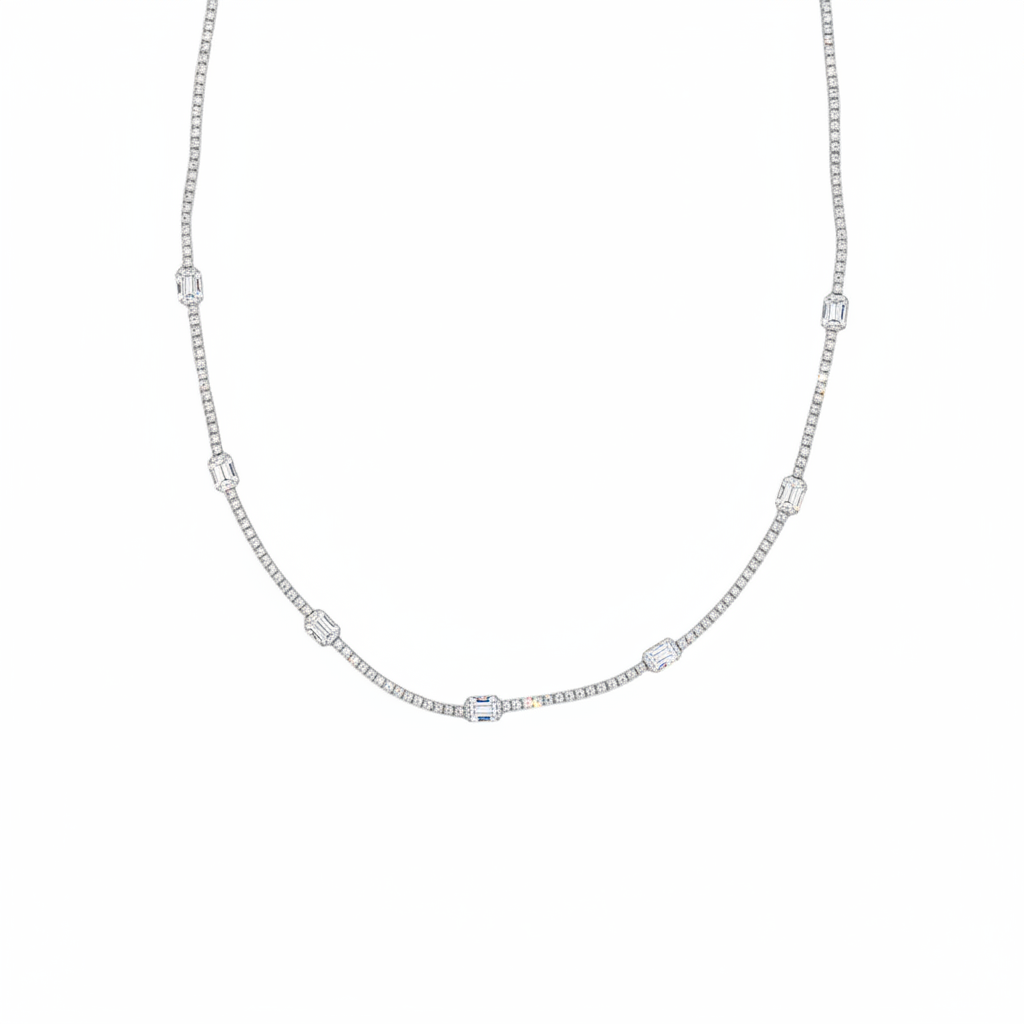 Caribbean Gems 14kt white gold necklace with a round diamond centerpiece and baguette diamond accents in filigree.