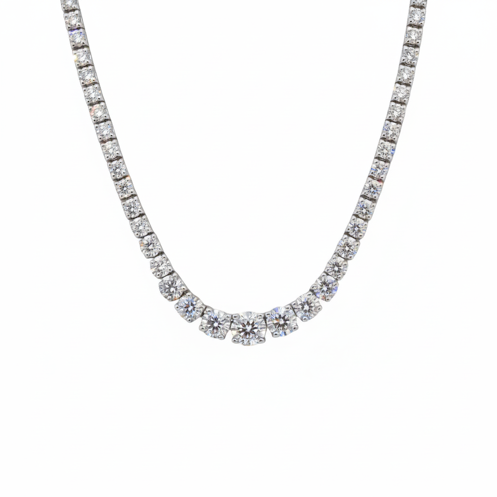 Caribbean Gems 14kt white gold diamond tennis necklace featuring 8.02 carats of brilliant round-cut stones.
