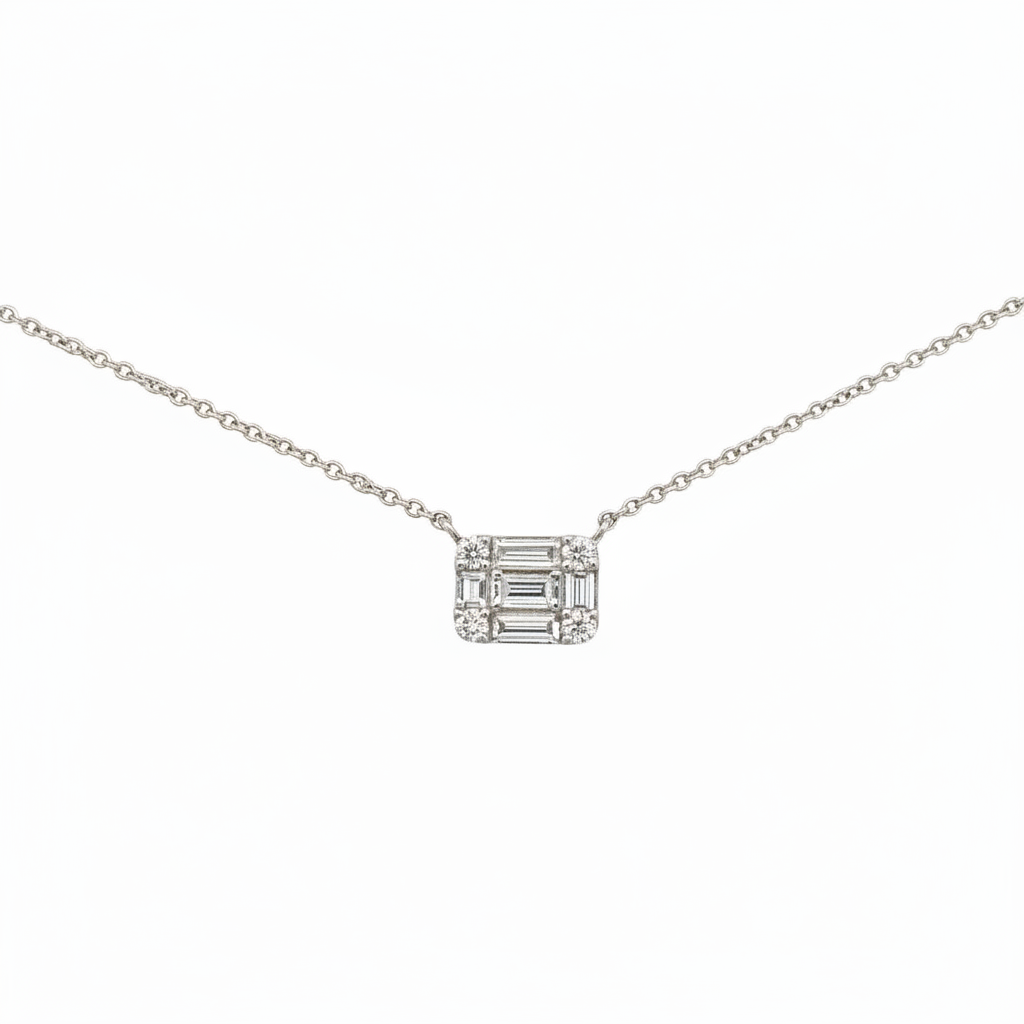 Caribbean Gems 14kt white gold diamond pendant featuring baguette and round cut diamonds on a delicate chain