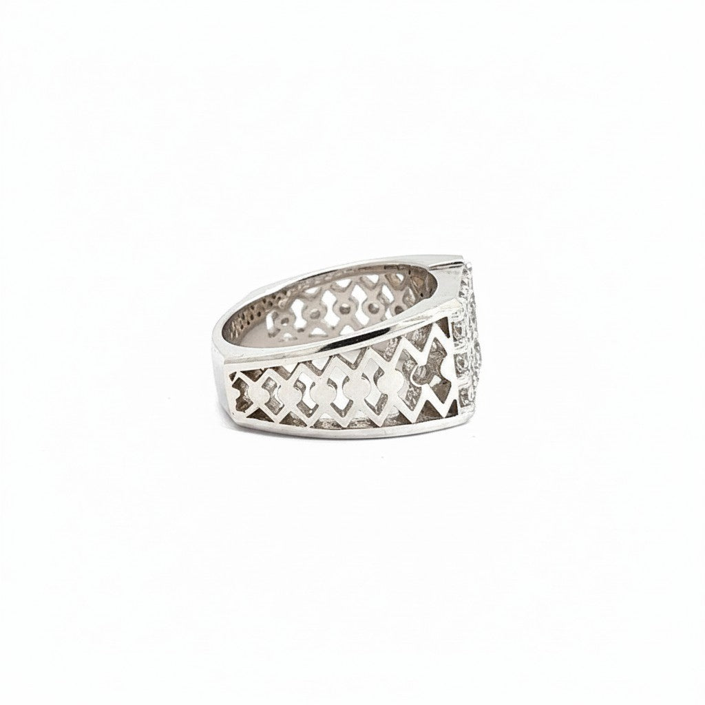 Caribbean Gems men's 14kt white gold diamond ring with intricate geometric side cutouts on a white background