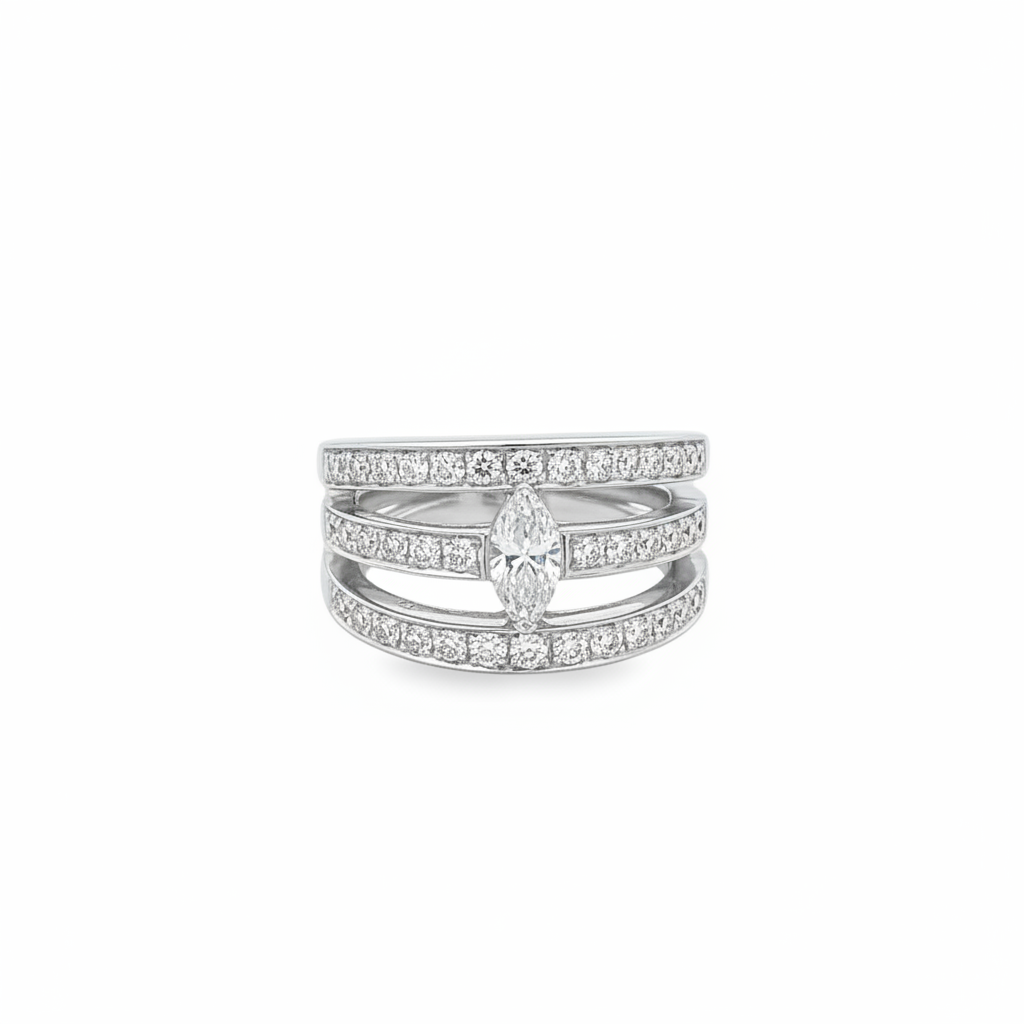 Caribbean Gems 18kt white gold multi-band ring featuring a central marquise diamond and round cut diamond accents.