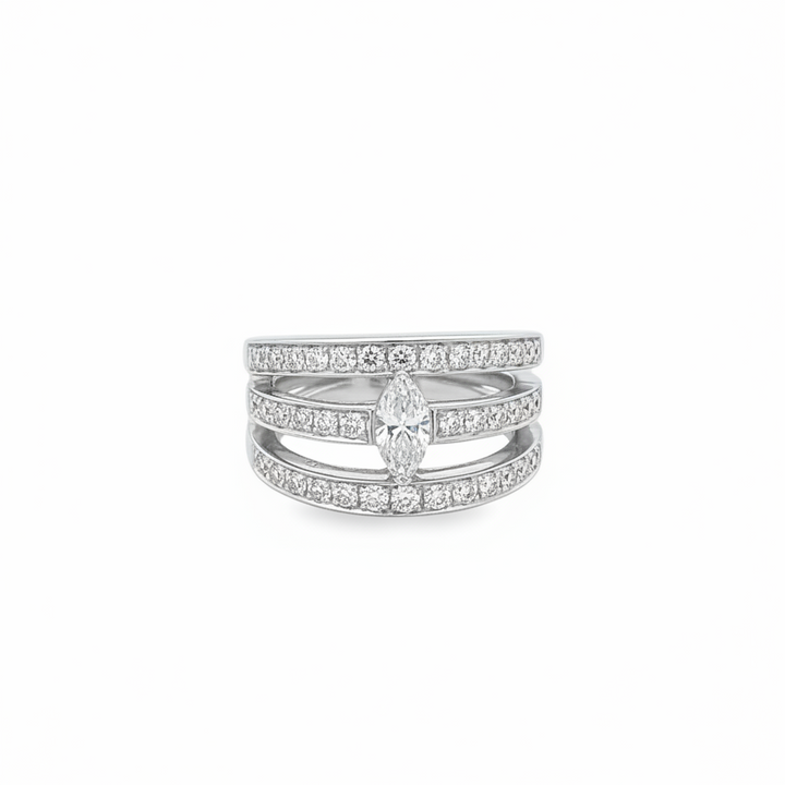 Caribbean Gems 18kt white gold multi-band ring featuring a central marquise diamond and round cut diamond accents.