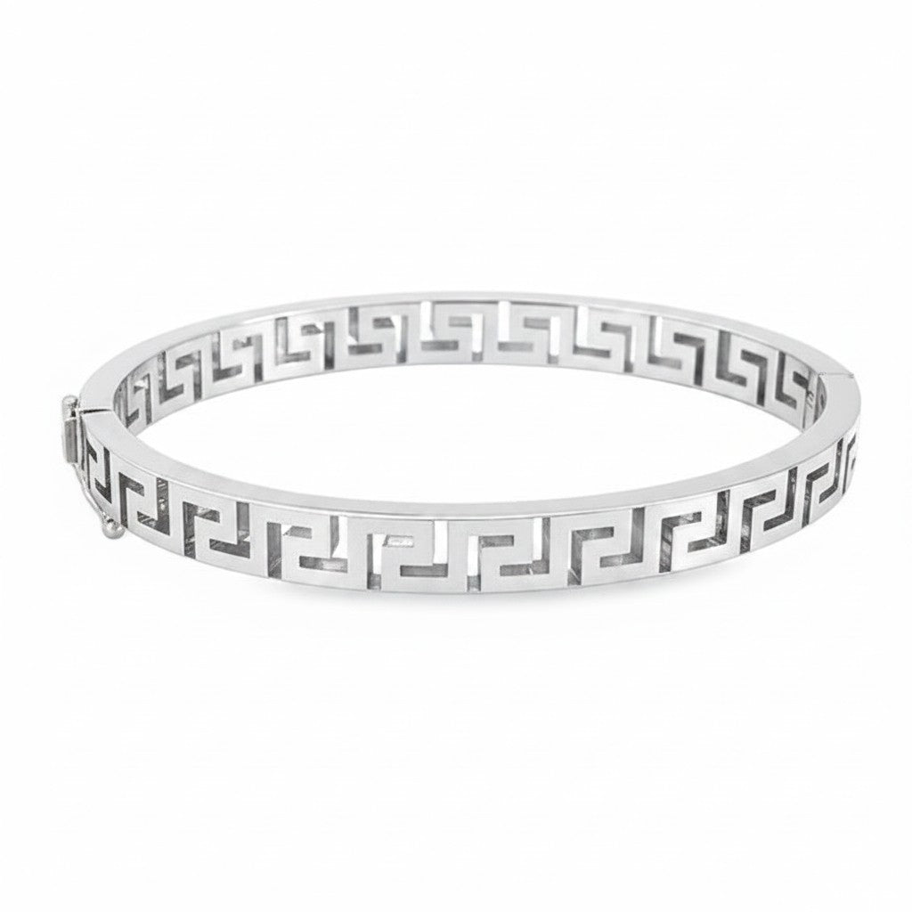 Caribbean Gems 14kt white gold bangle featuring a classic Greek key pattern for a sophisticated look.