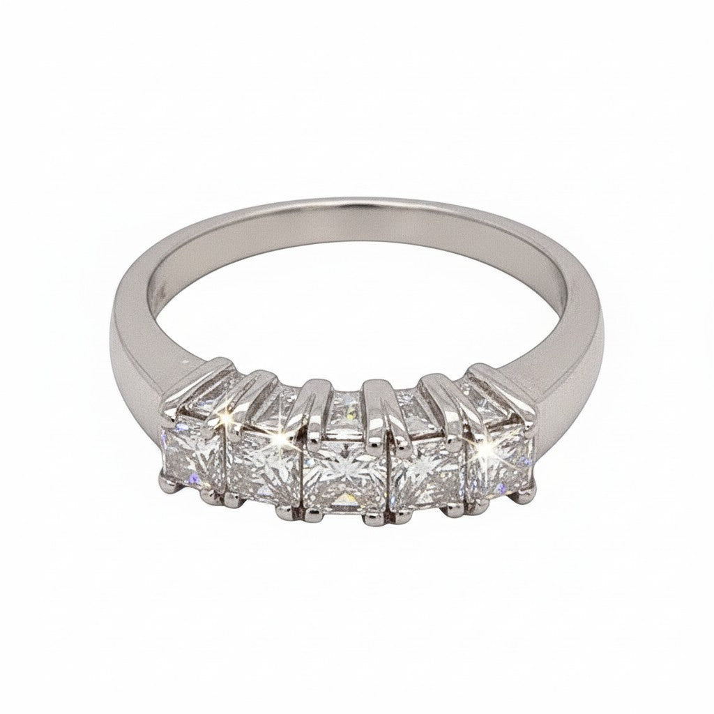 Caribbean Gems 14kt white gold diamond band featuring five sparkling princess cut diamonds in a prong setting.
