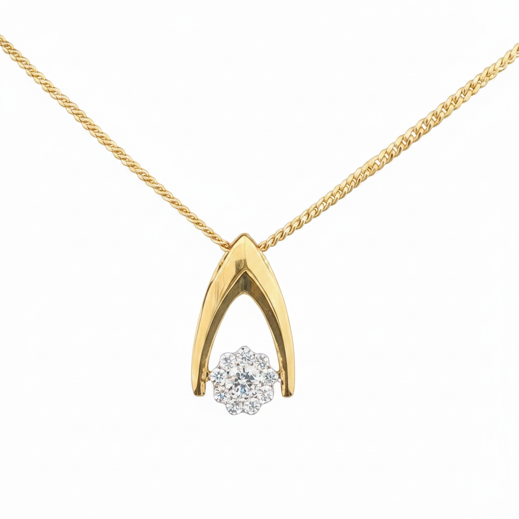 Caribbean Gems 14kt yellow gold pendant featuring a round diamond cluster set in a wishbone-shaped frame on a chain.