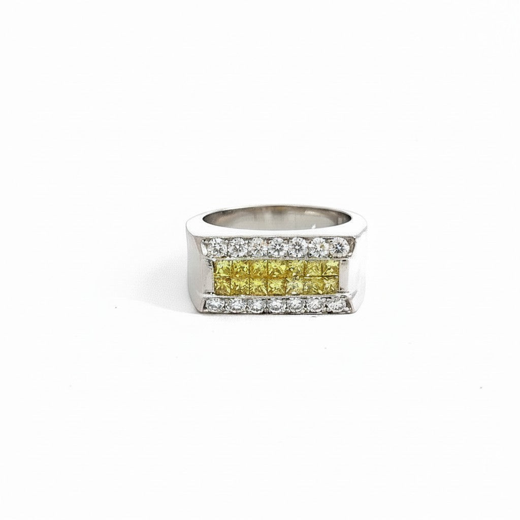 Caribbean Gems men's 18kt white gold ring featuring a central row of yellow diamonds flanked by white diamond accents.