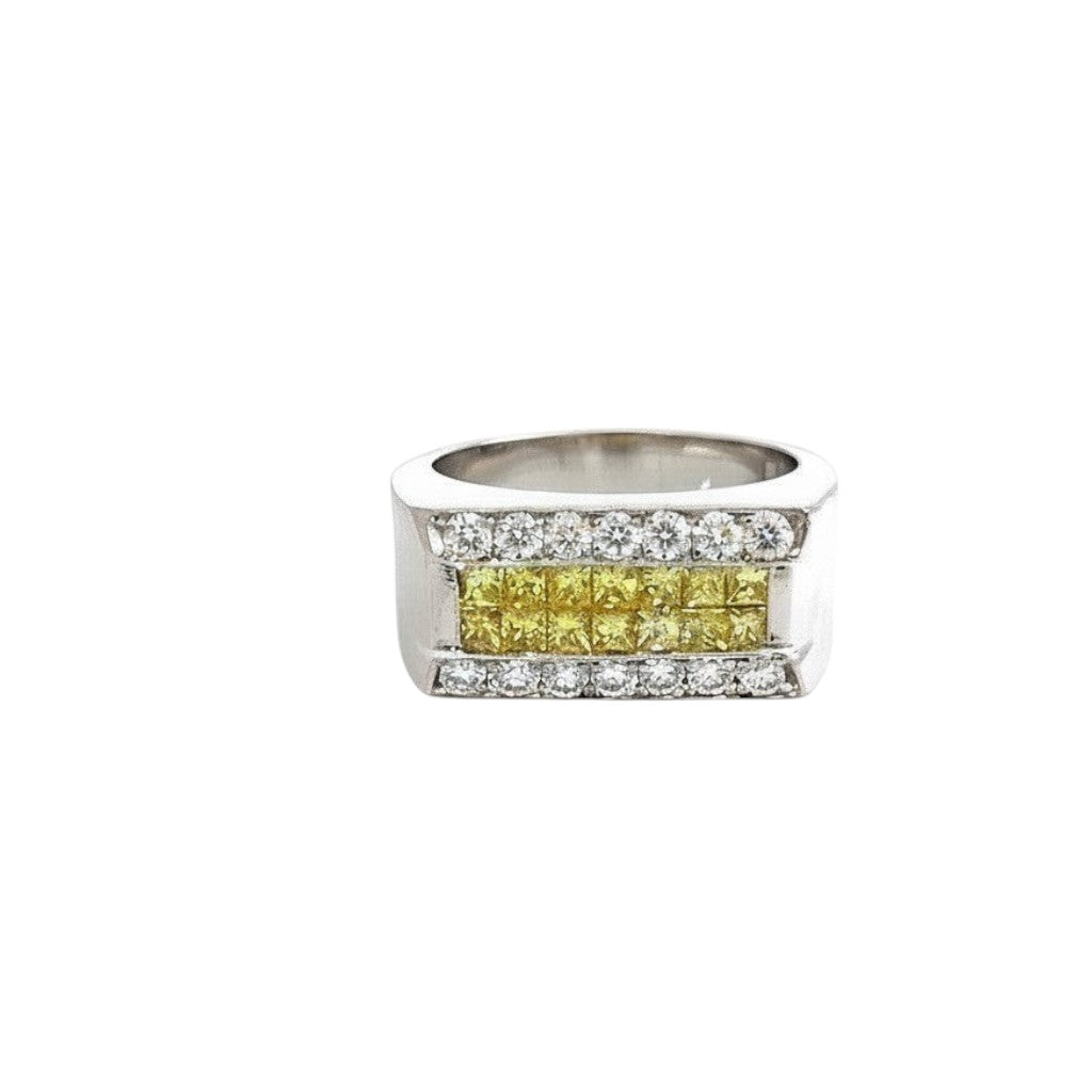 Caribbean Gems men's 18kt white gold ring featuring a central row of yellow diamonds bordered by white diamonds.