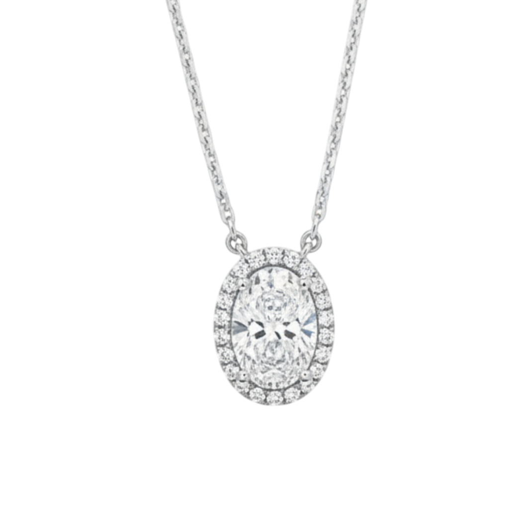 Caribbean Gems oval lab diamond pendant with a 2.01ct center stone and diamond halo in 14kt white gold on a chain.