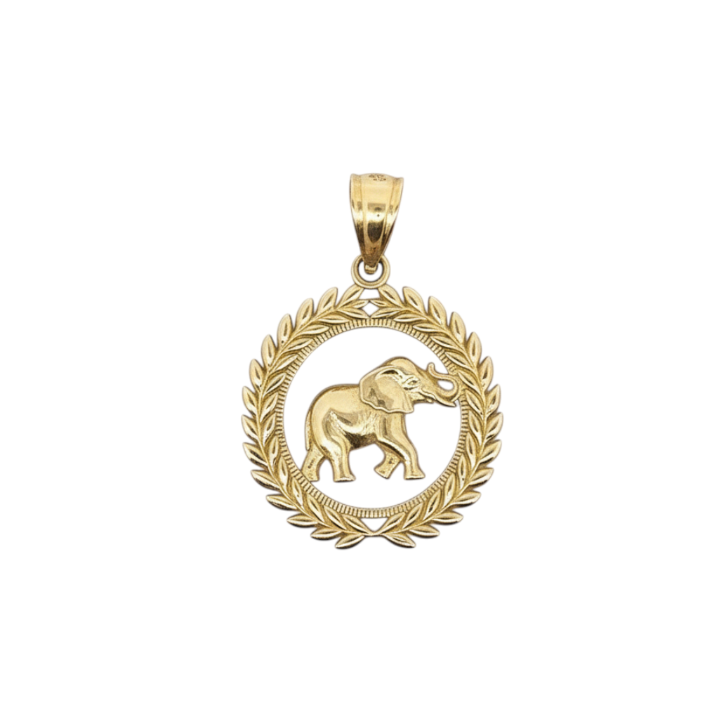 Caribbean Gems 14kt yellow gold pendant featuring an elephant silhouette inside a detailed laurel wreath frame.