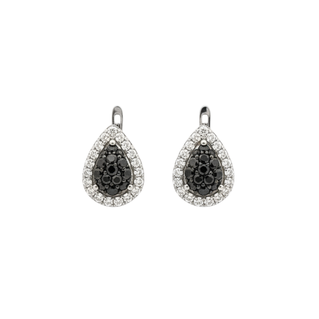 Caribbean Gems teardrop earrings in 18kt white gold with black and white diamond pavé settings