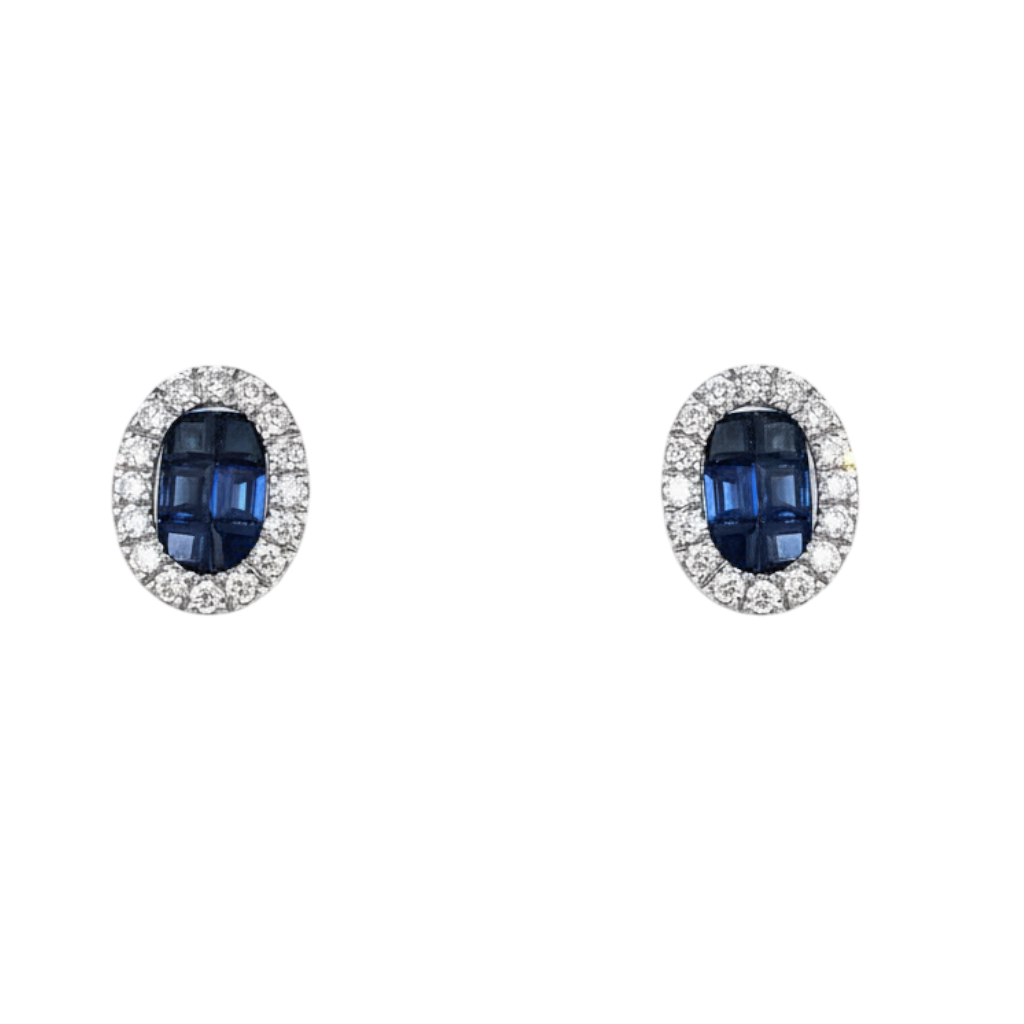 Caribbean Gems 18kt white gold oval stud earrings with deep blue sapphires and sparkling diamond halos.