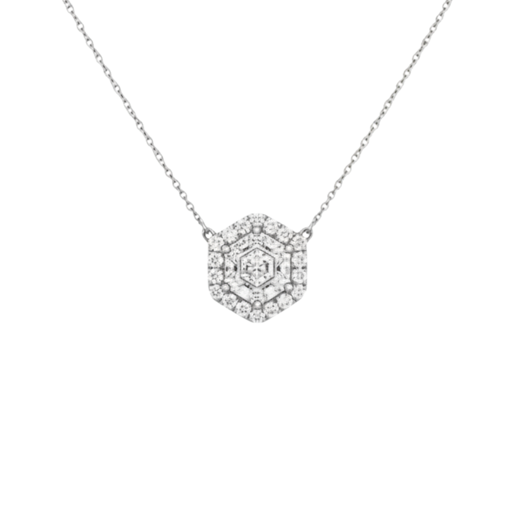 Caribbean Gems hexagon lab diamond necklace in 14kt white gold with a 1.16-carat center stone and pavé halo.