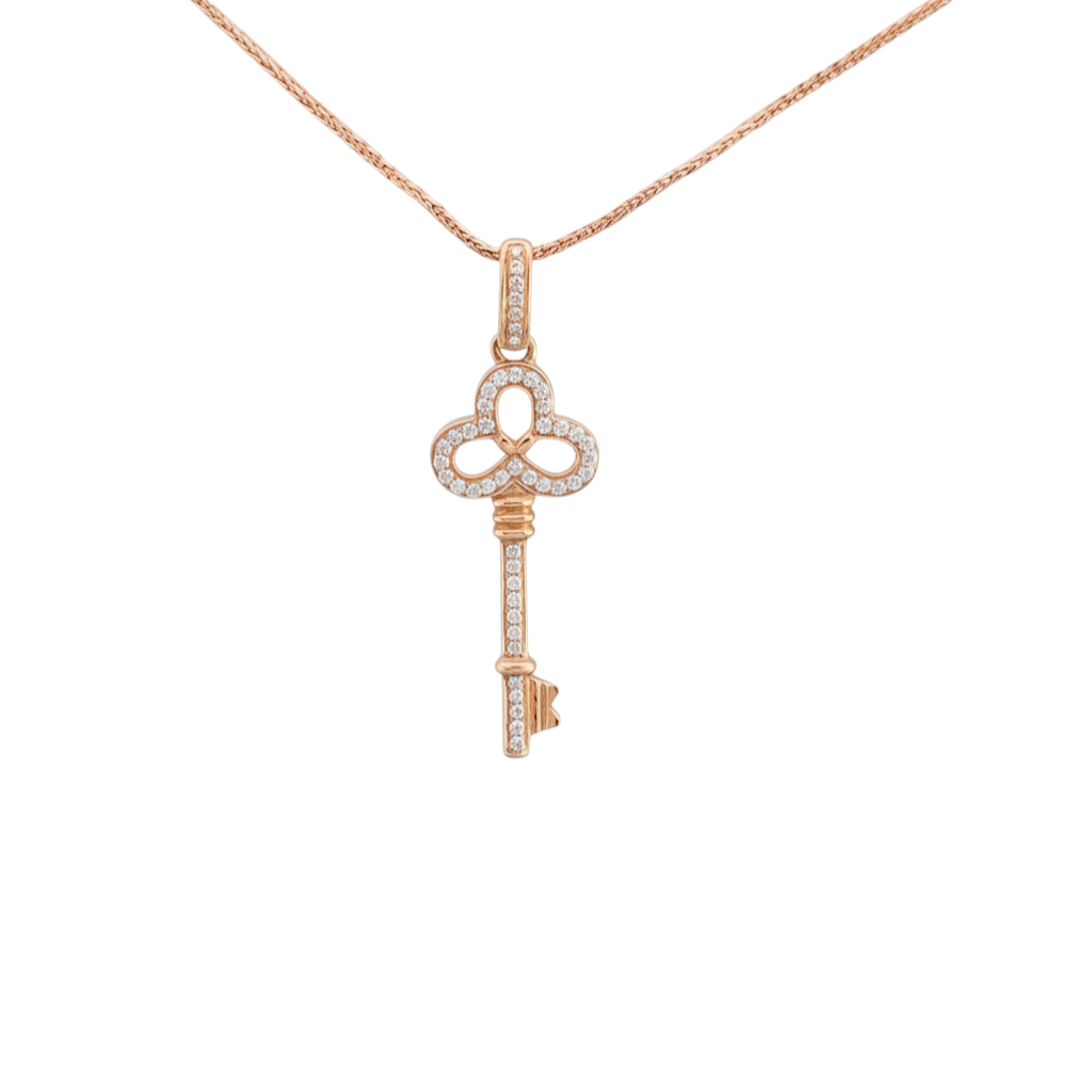 Caribbean Gems 18kt rose gold key pendant necklace featuring a brilliant 0.19ct diamond pavé setting.